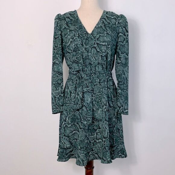 1. State Revolve Tie Waist Snake Print Long Sleeve Dress Green Pine Grove Sz 4 - Picture 1 of 9